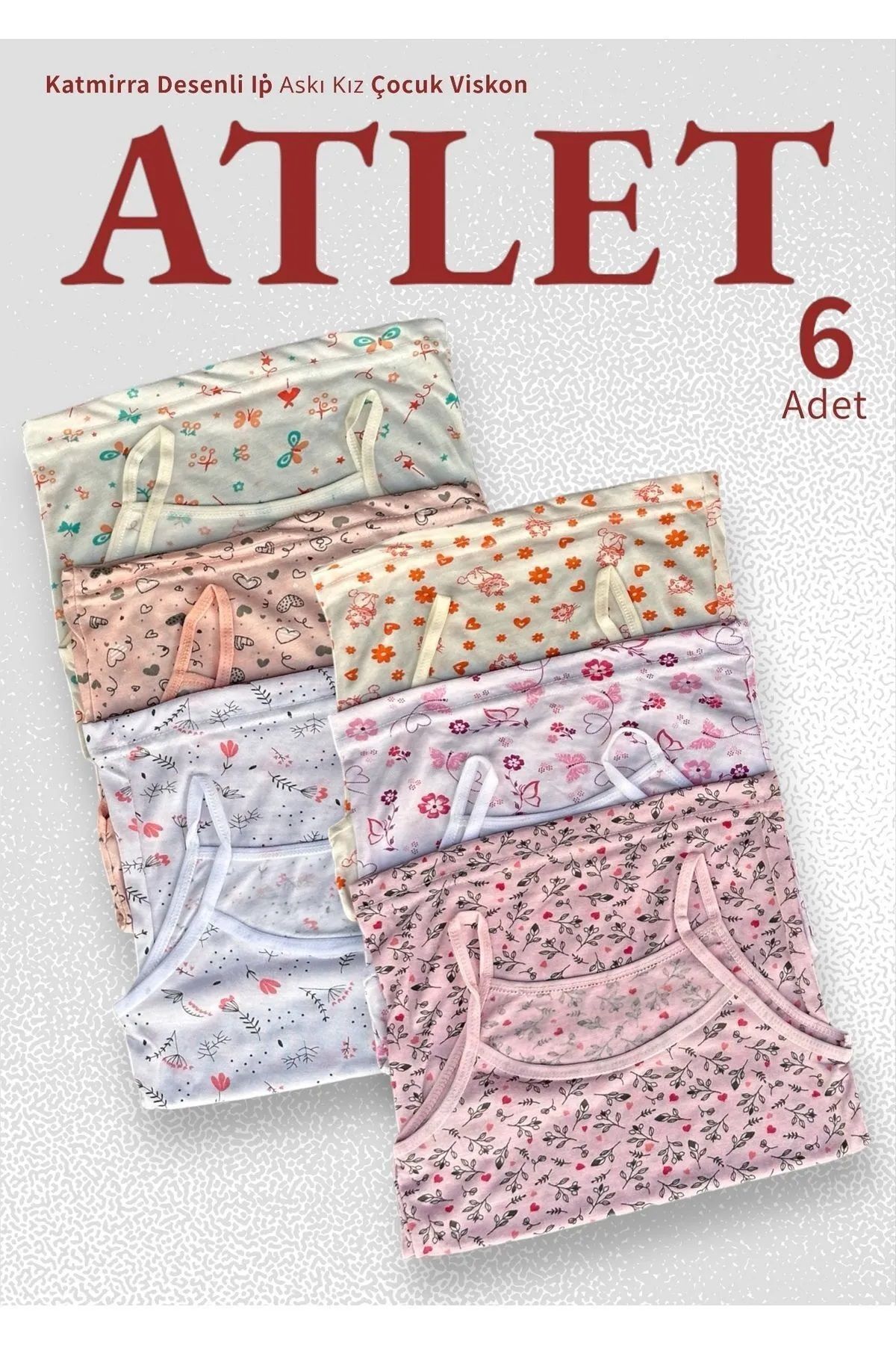 İp Askılı Desenli Viskon Kız Çocuk Atlet (6 Adet)